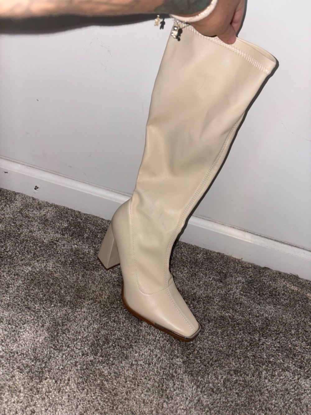 Fashion Nova Tall Square-Toe Over-the-Knee Boots in Beige